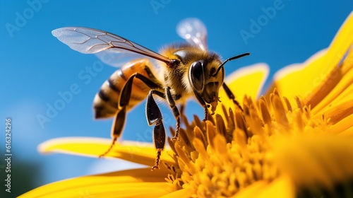 bee perched on a yellow sunflower against a contrasting blue sky, summer and spring banner background