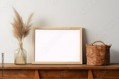 Horizontal wooden frame mockup for photo, print, painting, artwork presentation, boho style decorations, wooden shelf. 