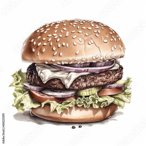 Smooth and satisfying  Isolated burger with lettuce  tomato and cheese on white  contrast between smooth bun and textured ingredients  generative AI