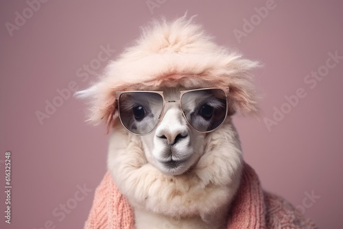 Alpaca wearing hat and glasses, Generative AI