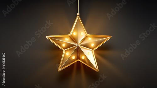 Gold star light hanging on dark background, Bright color. Generative Ai