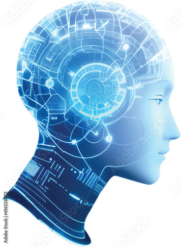 Robotics and AI  in Dark blue color,  Robot face and Brain create by electrical wire and line track.. Machine Learning Artificial intelligence,. Humanoid head. Future concept. Female android face