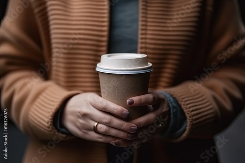 Cute womans hand holding a blank coffee cup