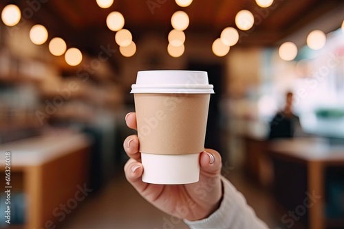 Cute womans hand holding a blank coffee cup