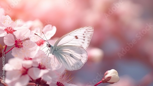 Delicately Pink Romantic Natural Floral Background with A White Butterfly