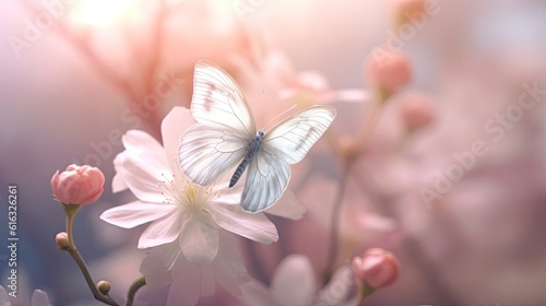 Delicately Pink Romantic Natural Floral Background with A White Butterfly