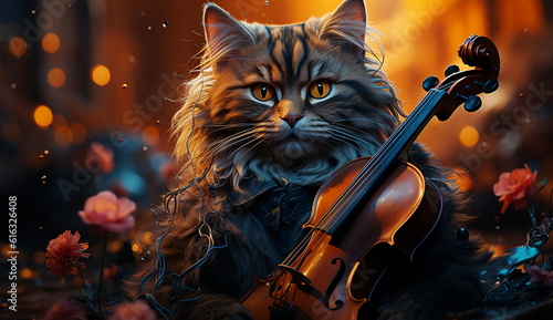 A photo capturing the enchanting moment of a cat playing the violin, showcasing its musical talents. Generative Ai.