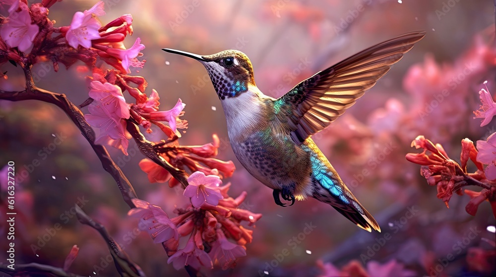 Fototapeta premium Delightfully Beautiful Bird Hummingbird In Flight Over Flowering Plants In Spring