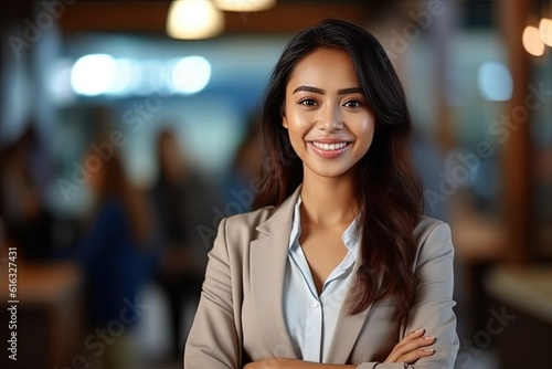 Portrait of a beautiful Asian businesswoman smiling at the camera.Generative Ai © Rudsaphon