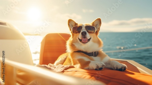 Sunset Serenity: Corgi Dog in Sunglasses Enjoying the Yacht Life with Ocean View