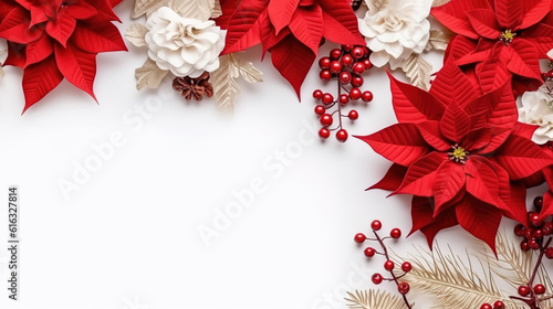 Flat lay composition with poinsettias (traditional Christmas flowers) and holiday decor. Generative Ai