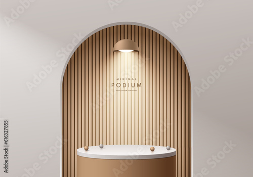 3D brown, cream cylinder podium background with wood pattern in arch gate and hanging lamp wall scene. Abstract minimal mockup products, stage showcase, promotion display. Vector geometric platforms.