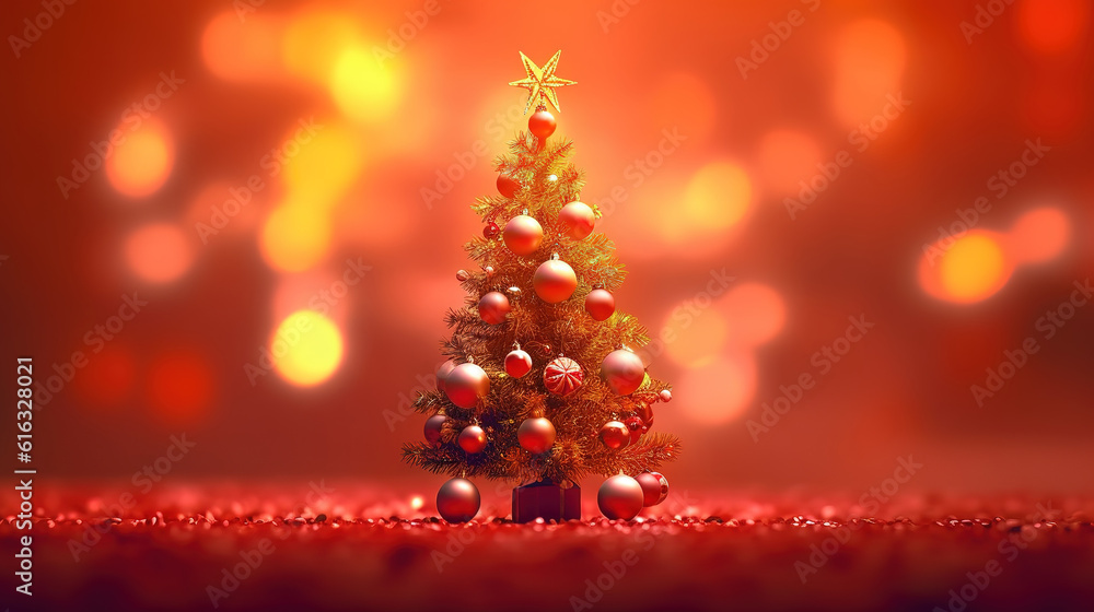 Christmas tree in lights on red background- soft focus and bokeh. Generative Ai