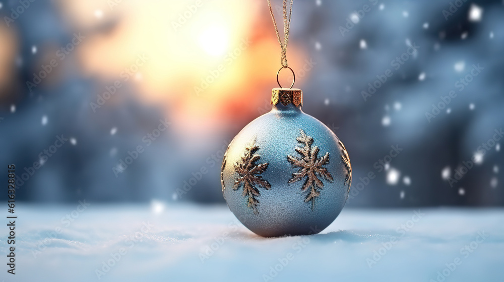 Empty christmas bauble over the winter, snowy background with copy space. Generative Ai Empty christmas bauble over the winter, snowy background with copy space. Generative Ai