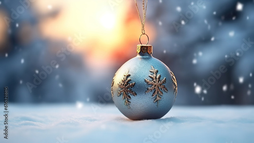 Empty christmas bauble over the winter, snowy background with copy space. Generative Ai