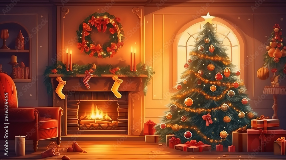 interior christmas. magic glowing tree, fireplace, gifts in dark. Generative Ai