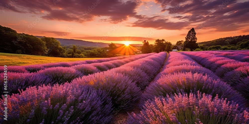 Lavender field at sunset - obrazy, fototapety, plakaty 