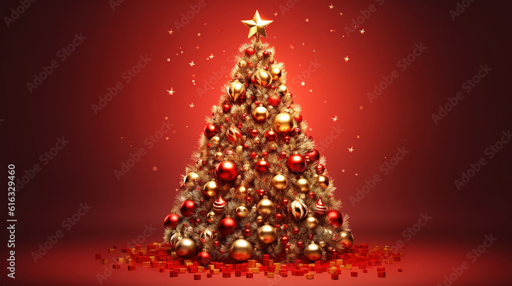 Beautifully decorated Christmas tree and many gift boxes on red background. Generative Ai Beautifully decorated Christmas tree and many gift boxes on red background. Generative Ai