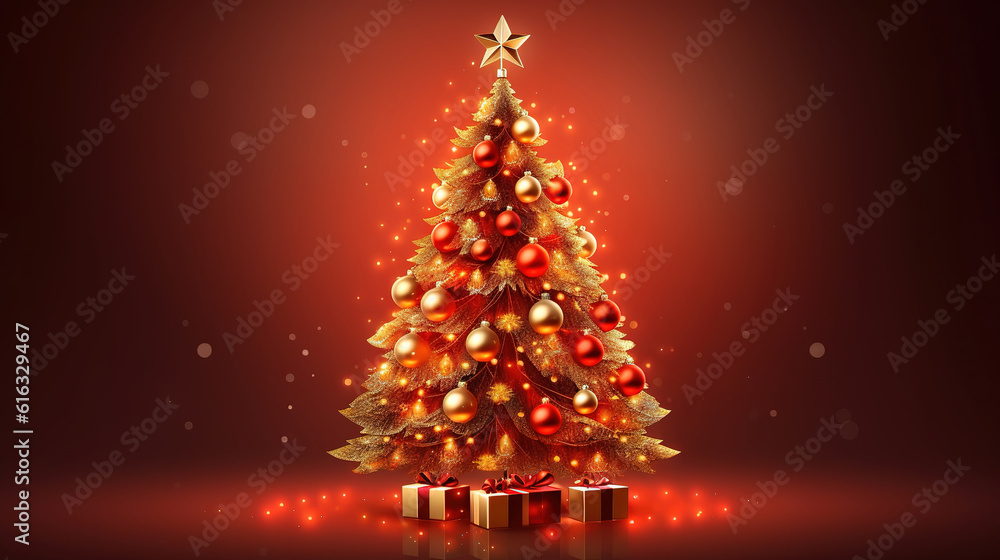 golden and silver lights with christmas tree on red background. Generative Ai golden and silver lights with christmas tree on red background. Generative Ai