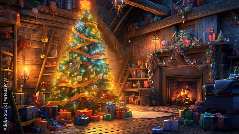 interior christmas. magic glowing tree, fireplace, gifts. Generative Ai