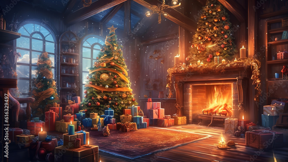Stylish Christmas interior with decorated fir tree and fireplace. Generative Ai