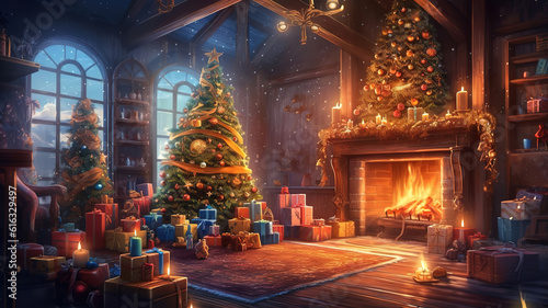 Stylish Christmas interior with decorated fir tree and fireplace. Generative Ai