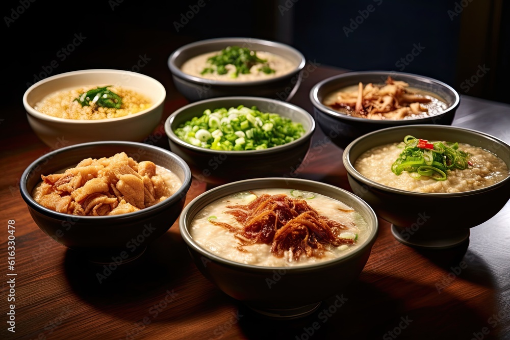 Rice congee with shredded chicken meat served with some condiments ...