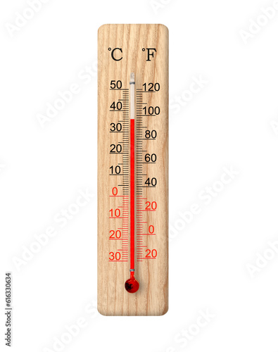 Wooden celsius and fahrenheit scale thermometer isolated on transparent background. Ambient temperature plus 36 degrees