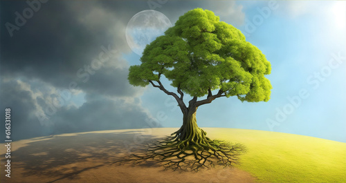 Tree in dry land and in background beautiful moon and sky. AI Generated image.
