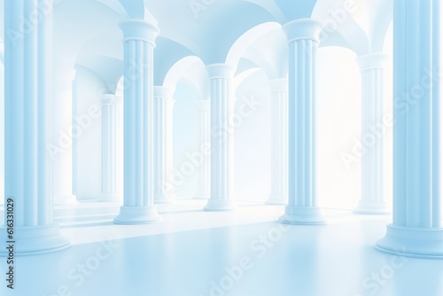  Elegant white and light blue architectural banner with tilted columns  offering a beautiful and airy minimalistic backdrop. Generative AI