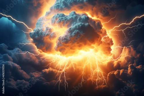 Dynamic 3D rendering: Abstract neon background featuring a stormy cloud glowing with intense light, an eye-catching illustration of a captivating weather phenomenon. Generative AI