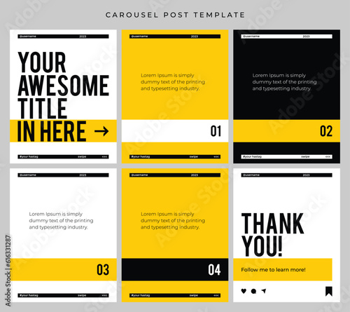 Carousel post template for social media. Good for microblog, continuous slide contents Etc. Six page in portrait frame, modern simple minimalist style with white, yellow and black color theme.