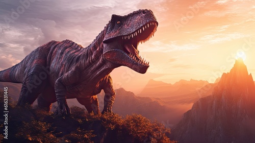 Tyrannosaurus rex on top of a mountain with a sunset background © twilight mist