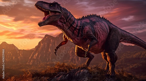 Tyrannosaurus rex on top of a mountain with a sunset background