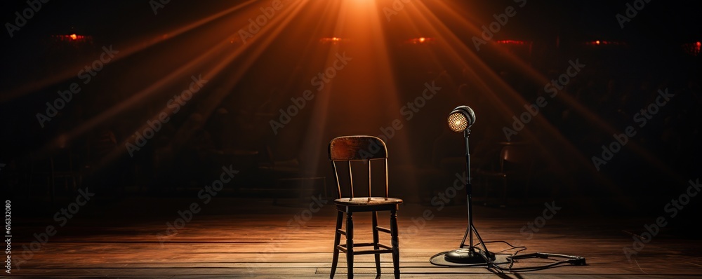 Microphone on stage with wooden bench