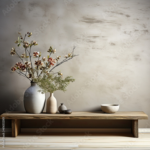 Empty Table with Floral Arrangement on White Wall Blossoming flowers in a vase on a table with artwork against a white wall.