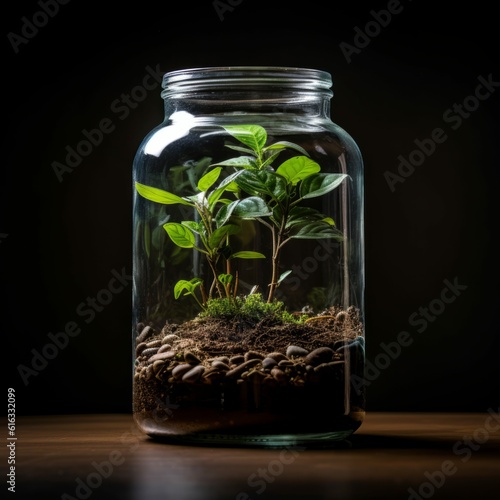 Plants Growing in Jar, Black Background, Closed Terrarium Biosphere Illustration