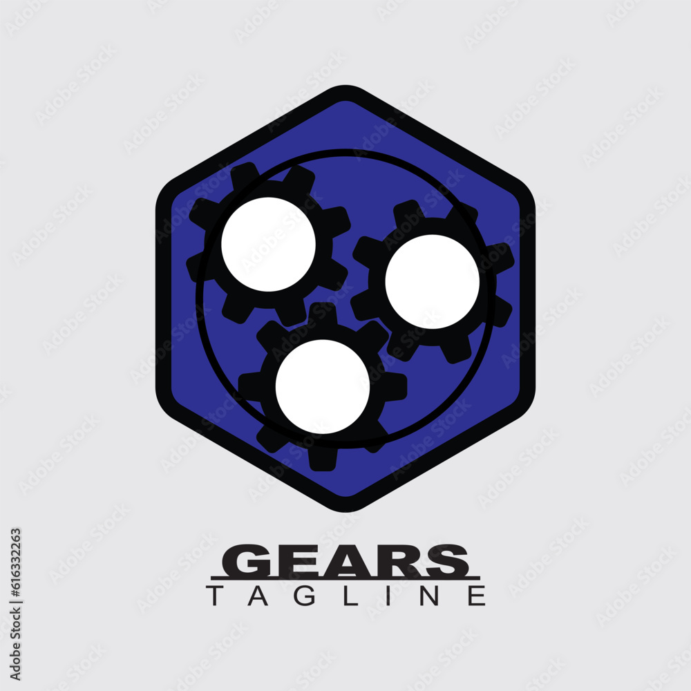logo design of three gears in a hexagon. simple and elegant logo emblem style