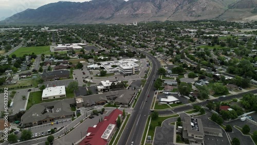 Aerial view of Brigham City on s cloudy day photo