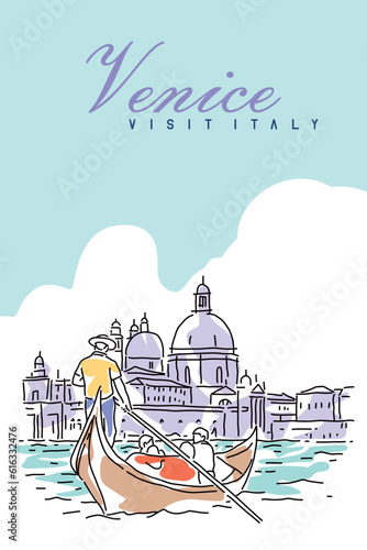 Venice Italy poster retro style. Grand Canal, gondoliers, architecture, vintage cards. Line abstract vector illustration postcard