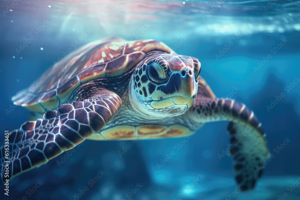 Fototapeta premium Sea turtle underwater, Generative AI