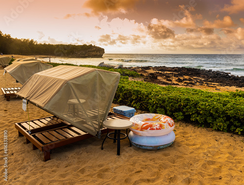 Hotel Cabana Chairs on Shipwreck Beach, Kauai, Hawaii, USA photo