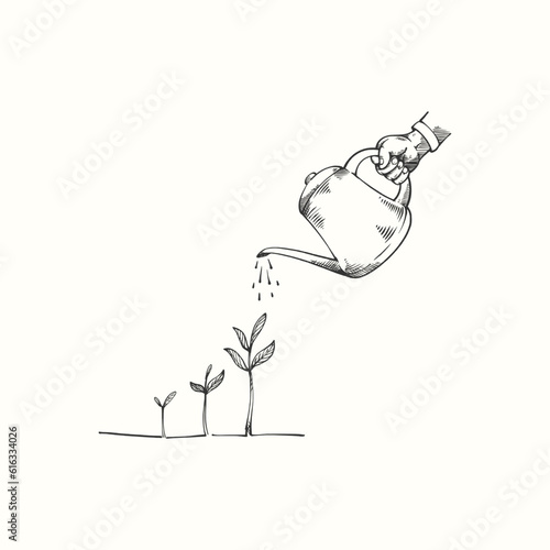 hand holding watering spray plant tree growth illustration