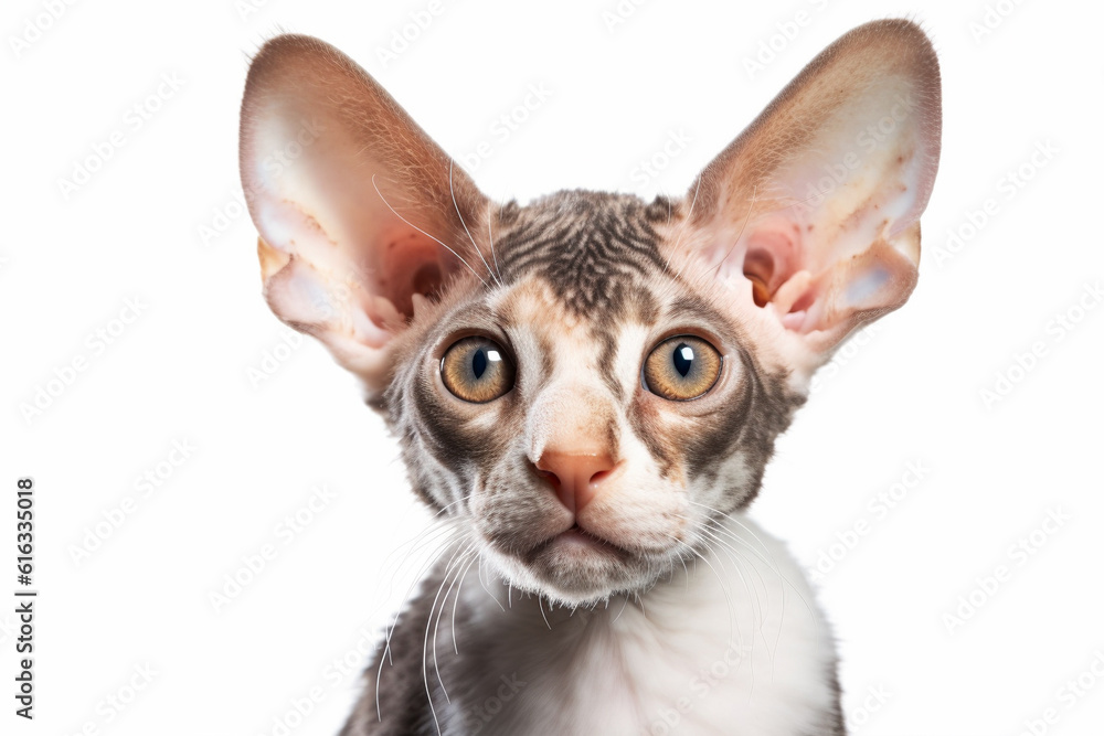 Portrait of Cornish Rex cat, a hairless breed with only down hair, on white background