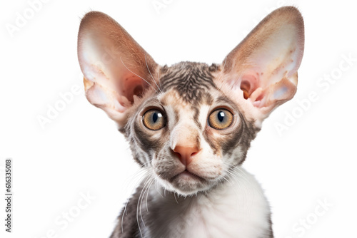 Portrait of Cornish Rex cat  a hairless breed with only down hair  on white background
