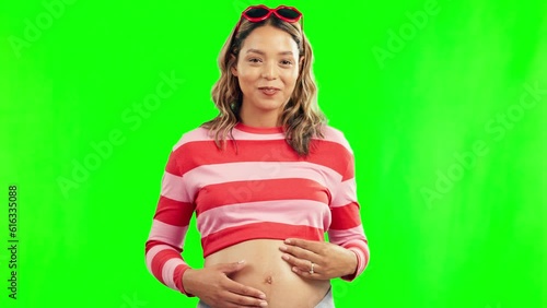 Green screen, laugh or portrait of happy woman with pregnant in belly for wellness or development. Pregnancy, funny joke or face of mother smiling with tummy or stomach for bonding or baby growth