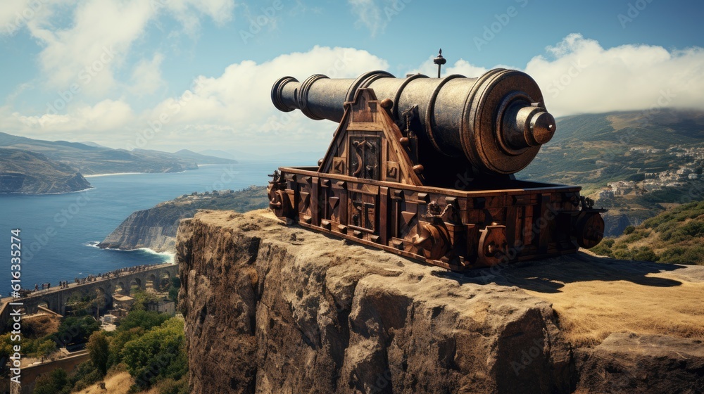 A majestic vintage cannon positioned on the sturdy walls of a fortress, commanding a view of the vast sea. Generative AI