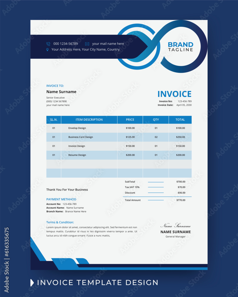 Creative and modern business invoice design with price receipt, payment agreement, invoice bill, accounting and bill receipt template layout in vector