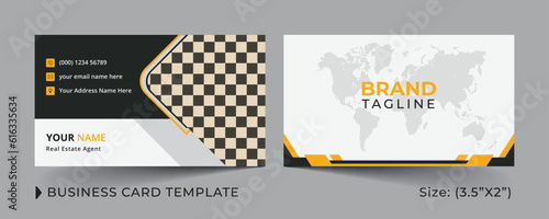 Corporate business real estate agent and modern home sales business card template design with creative vector shape