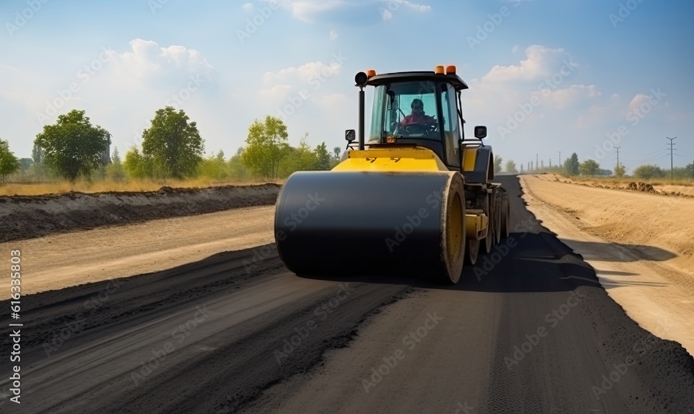 Close-up of construction worker smoothing out fresh asphalt with a roller. Creating using generative AI tools Close-up of construction worker smoothing out fresh asphalt with a roller. Creating using generative AI tools